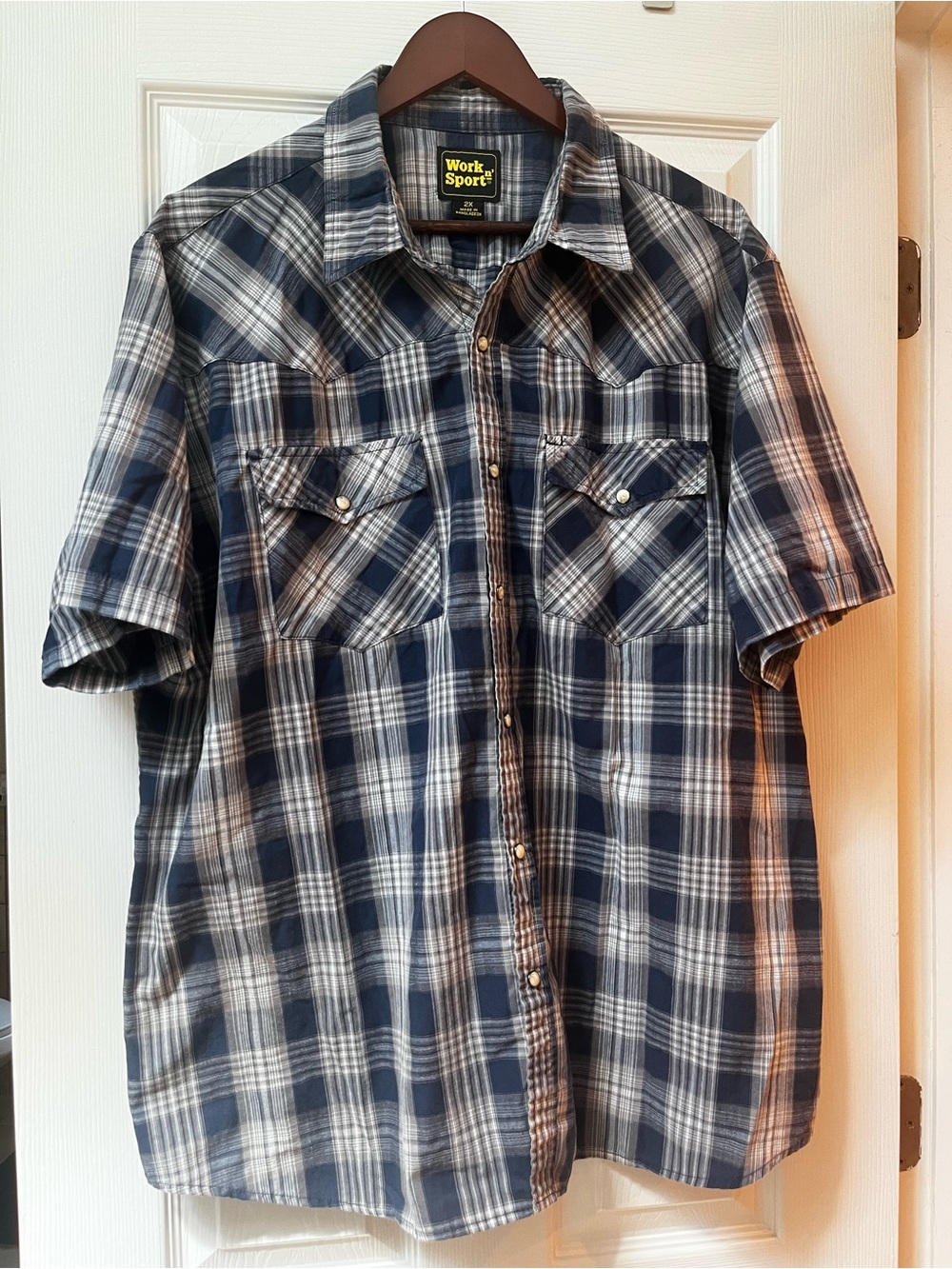 Work n Sport Western Navy/Gray Plaid Short-Sleeve Snap Closure Shirt Size 2x